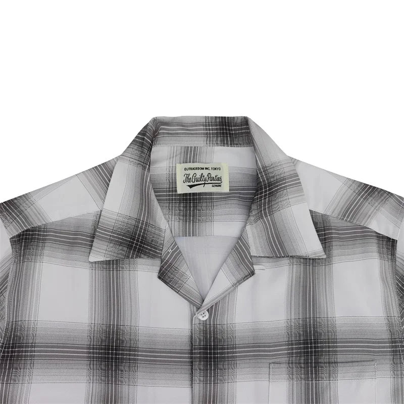 Classic WACKO MARIA Checkered Plaid Shirt Men Women Best Quality Hawaiian Tops Oversized Long Sleeved Shirts Light Purple Gray