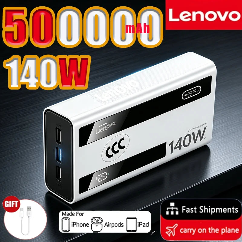 Lenovo CCC 500000mAh 140W Powerbank Super Fast Charging Portable Ultra Capacity Battery Charger LED Digital Display