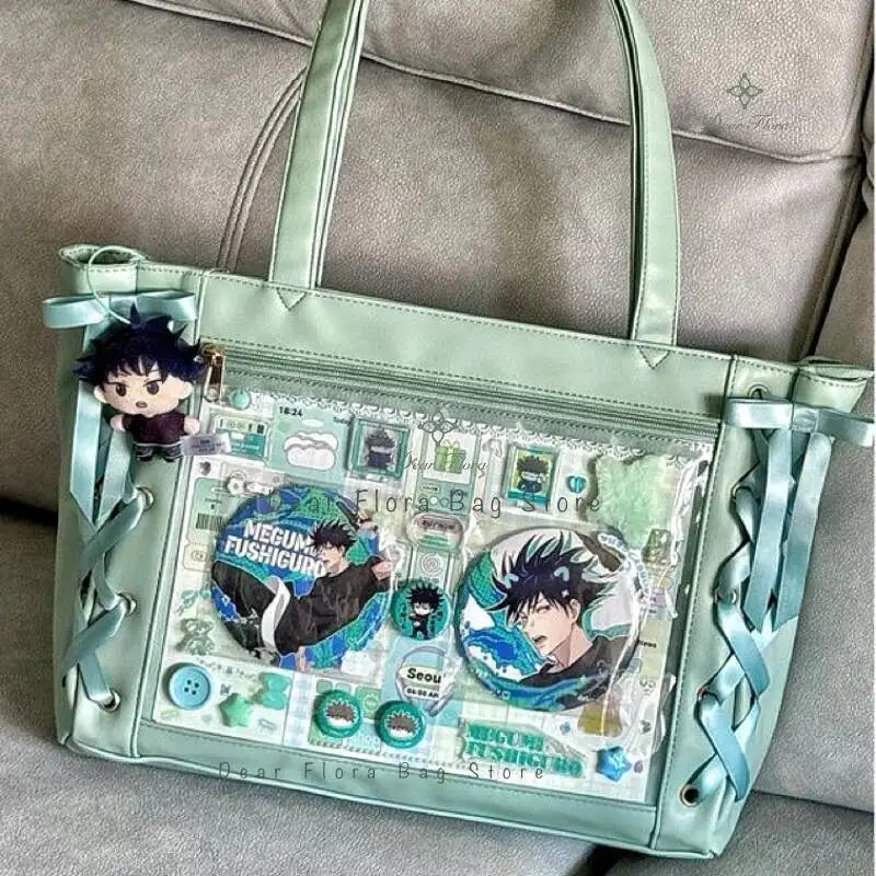 Japanese Sweet Women Ribbon Ita Bag Fashion Large Capacity Tote Bag Aesthetic Shoulder Bag Cute Lolita Girl Transparent Handbags