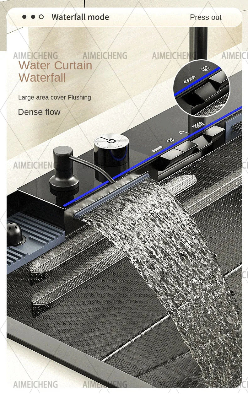 2026 Tiktok Newest Design 30 Inch Waterfall Faucet Black Bionic Honeycomb 304 Stainless Steel Big Single Bowl Kitchen Sink