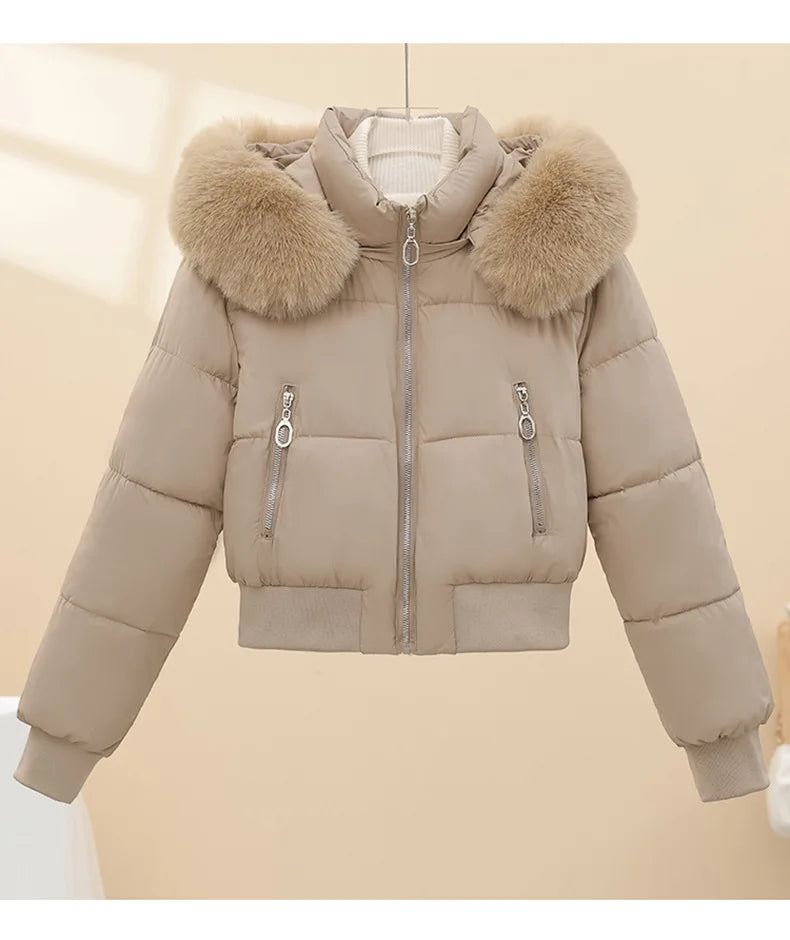 American Waistedn Big Fur Collar Hooded Short Cotton Coat for Women Winter New Fashionable Hat Detachable Casual Slimming Jacket