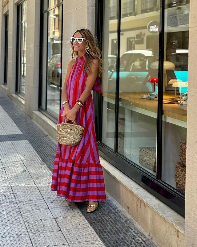 Summer New Sleeveless Neck Hanging Pink Dress Women's Long Dress With Backless Straps Loose Striped Printed A-line Skirt 2026