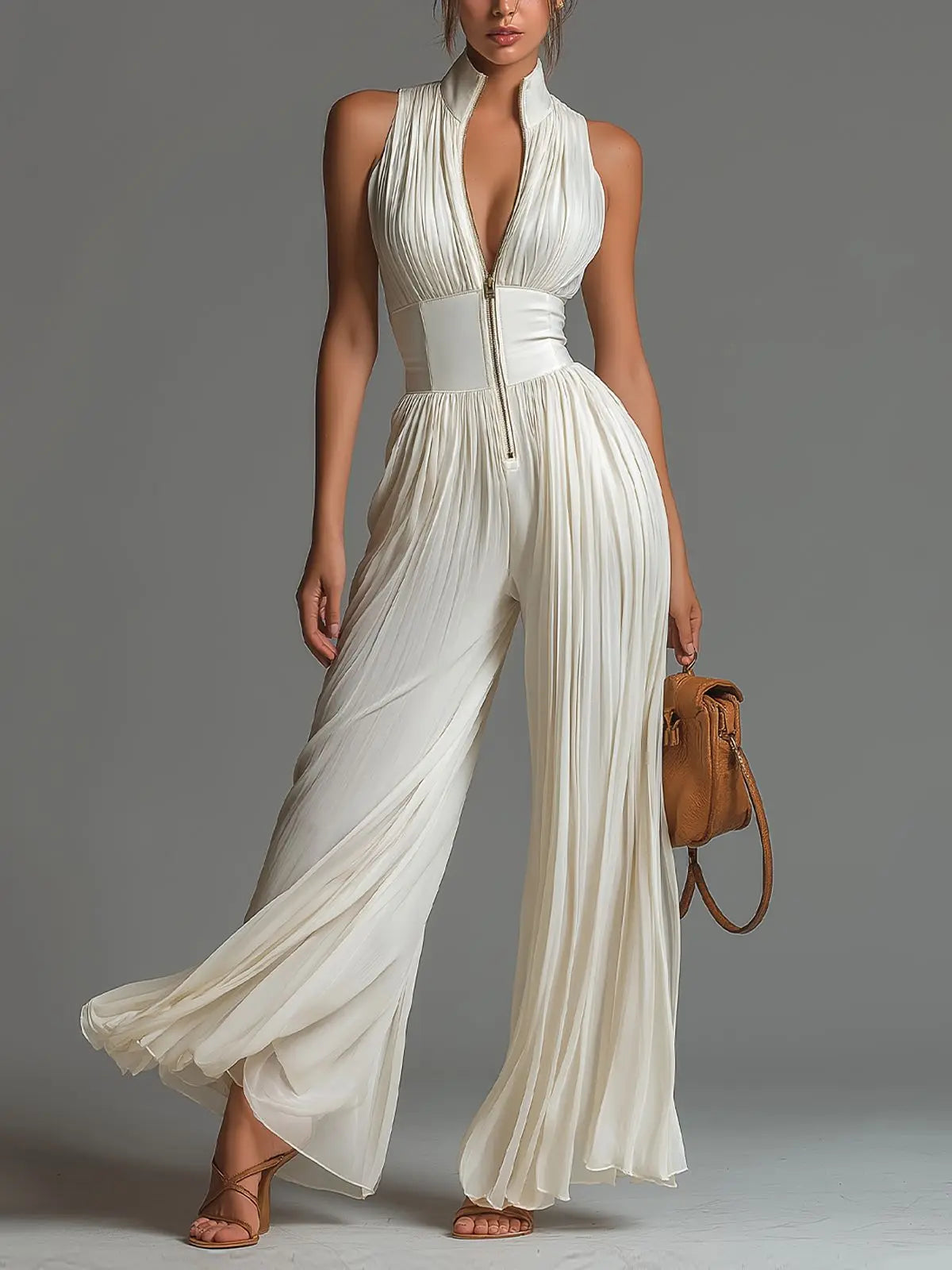 2026 White Pleated Neck Jumpsuit Women's Long Wide-leg Fashion Sexy Pleated Jumpsuits Sexy Slim Fits Sleeveless Rompers Y2K