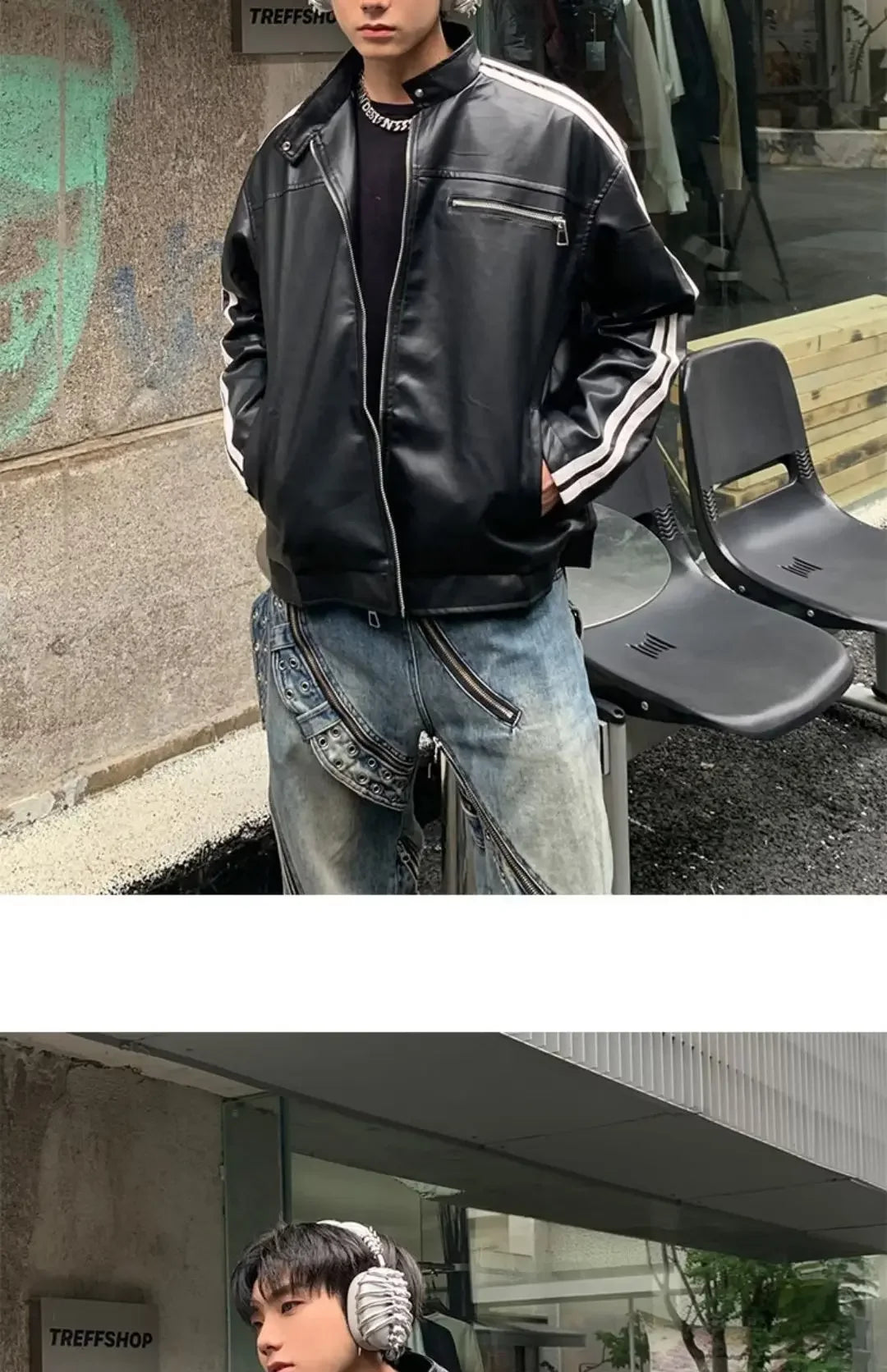 Retro Leather Jacket Men Women  American Patchwork Strip Racing Outerwear Loose Hip Hop Zippers Brown PU Coat Streetwear Spring