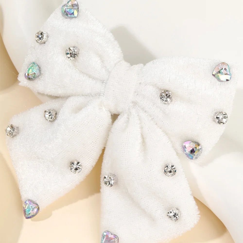 Velvet Bow Hair Clips with Heart Rhinestone Detail, 2-Pack