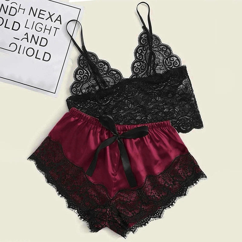 Women's Lace Pajama Set – Crop Top & Shorts