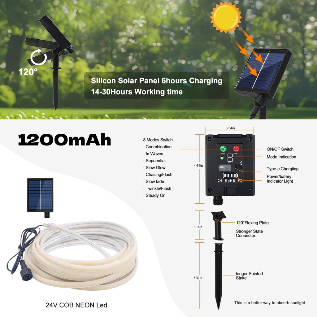 Waterproof Outdoor Solar COB LED Neon Light Strip 24V 320LEDs/m RA90 Linear Flexible Solar Lights for Yard Garden Decoration