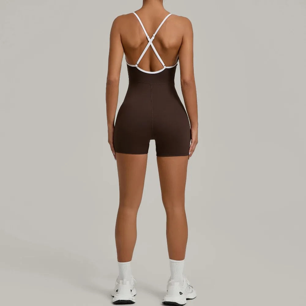 Summer Women's Sports Jumpsuit Shorts Cross Shoulder Straps Hip Lift Tight One-piece Yoga Set Outdoor Running Gym Fitness Suits