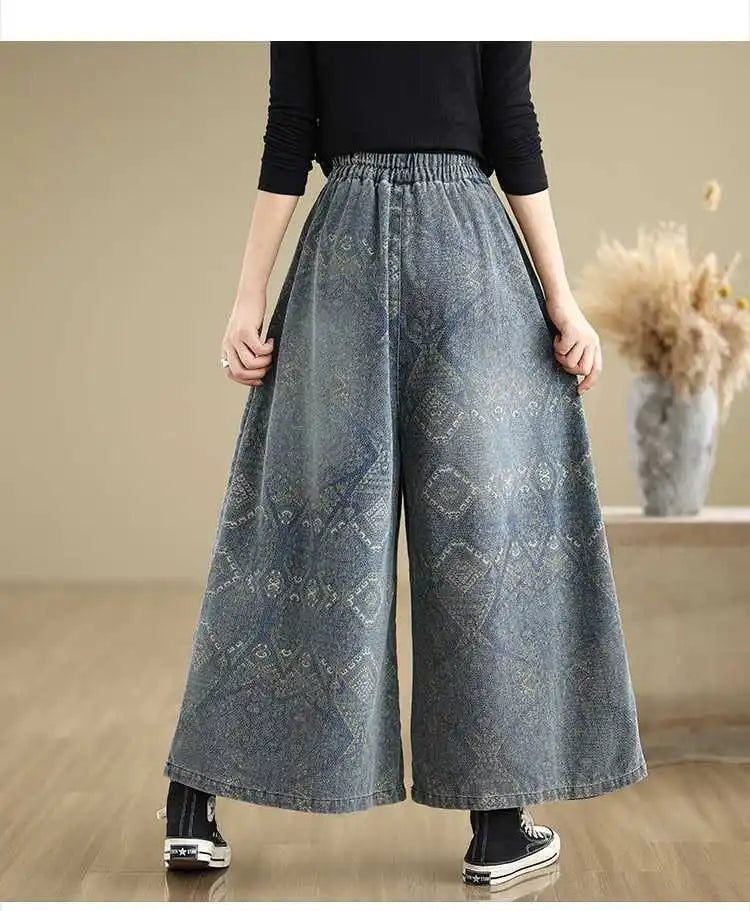 2026 Women's High Waist Wide Leg Jeans Loose Casual Straight Fit Trousers Elastic Waist Spring Autumn Vintage Print Denim Pants