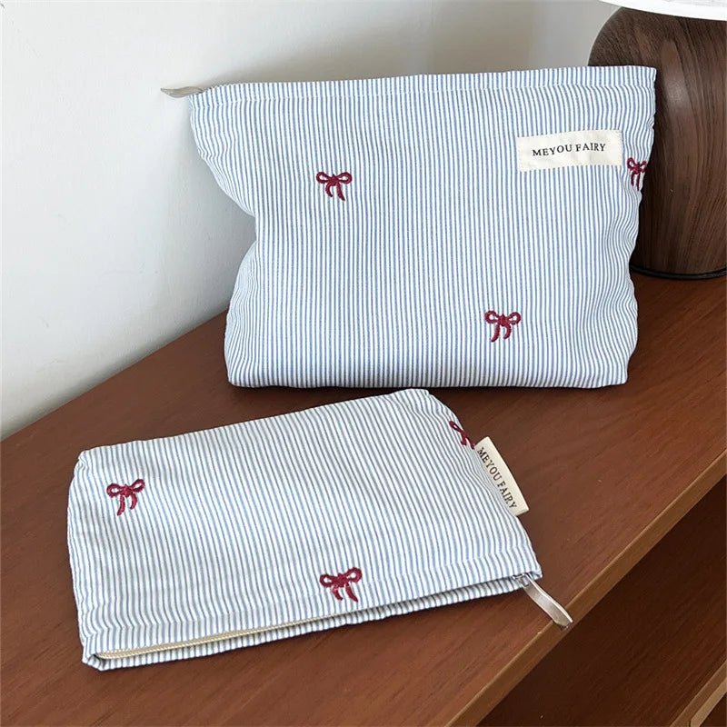 New Blue Color Mommy Bag Bowknot Embroidery Makeup Bag Zipper Baby Diaper Bag Nappy Pouch Travel Toiletry Storage Bags