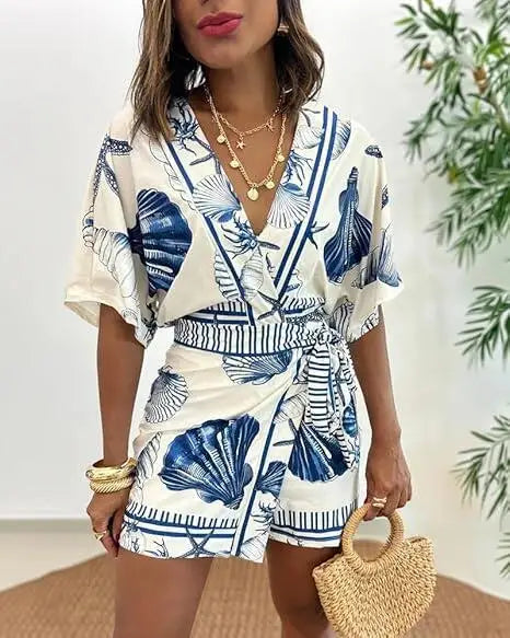 Fashion Printed Short Sleeve Women's V-neck Slim Fit Jumpsuit Summer New Casual Bohemian Female Vacation Lace Up Rompers 2026
