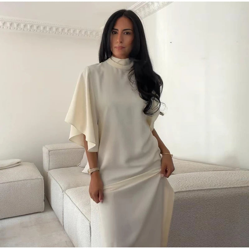 Women Solid Satin Maxi Dress High Neck Batwing Sleeve Loose Fit Front Slit Dresses Lady 2026 Summer Elegant Evening Party Outfit