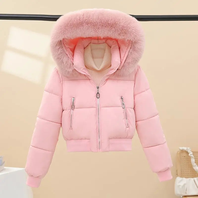 Korean Style Cropped Slim Fit Puffer Parka Women Detachable Faux Fur Trim Hood Thick Warm Zip Pockets Winter Casual Outfit 2026