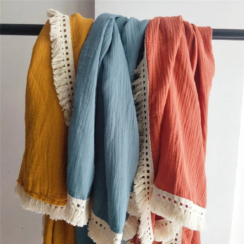 Summer Air Conditioning Blanket, Baby Stroller Cover, Double-Layer Crinkle Gauze, Infant Fringe Blanket, Pure Cotton Muslin, Chi