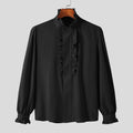 INCERUN 2024 Men Shirt Stand Collar Solid Color Ruffle Long Sleeve Casual Men Clothing Streetwear Elegant Fashion Camisas S-5XL