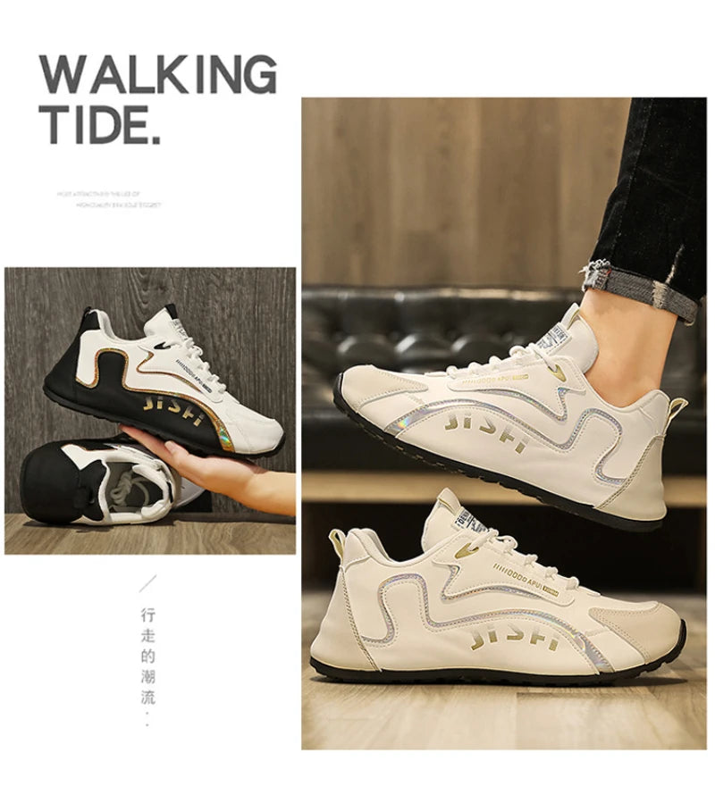 Men'S Black And White Gold Accent Running Shoes Breathable Mesh Upper Lightweight Non Slip Athletic Sneakers For Daily Wear