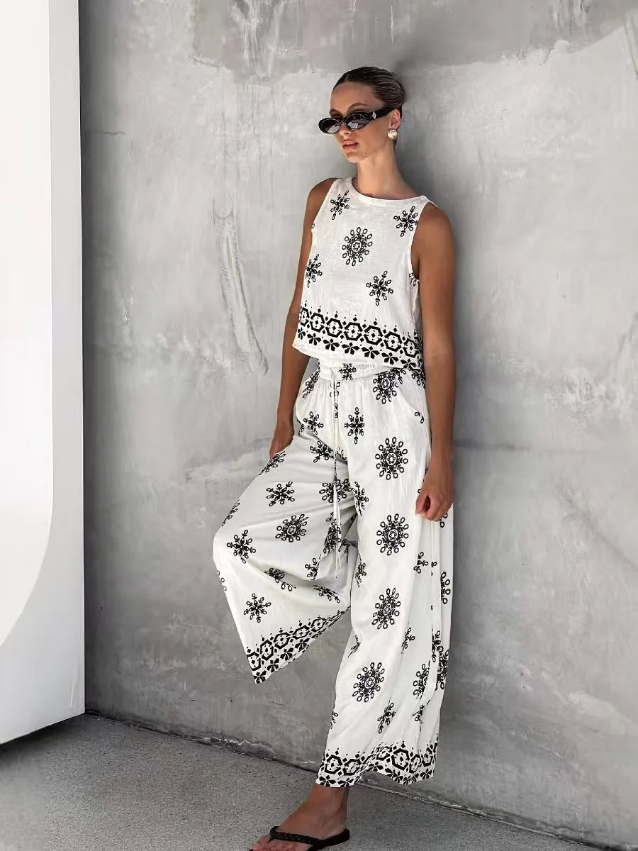 Women's Casual Pant Sets 2026 Summer Fashion Printed Streetwear Sleeveless Tank Tops Waist Loose Wide Leg Pants 2 Piece Sets