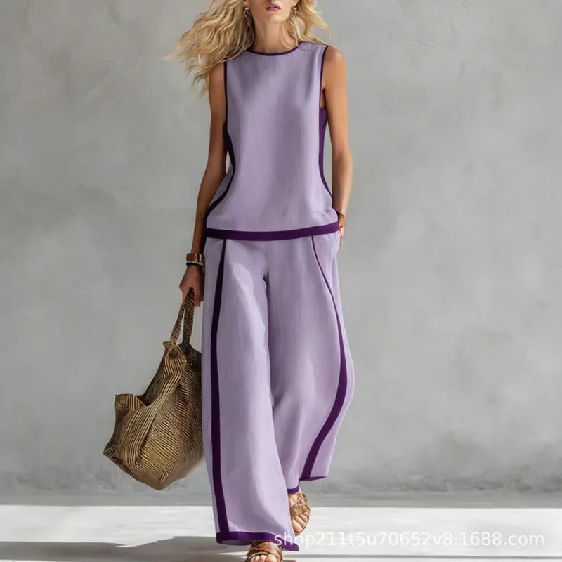 New Fashion Retro Printed Sleeveless Tops Trousers 2-piece Sets Women's Summer Casual Vest Loose Wide Leg Trousers Female Suit