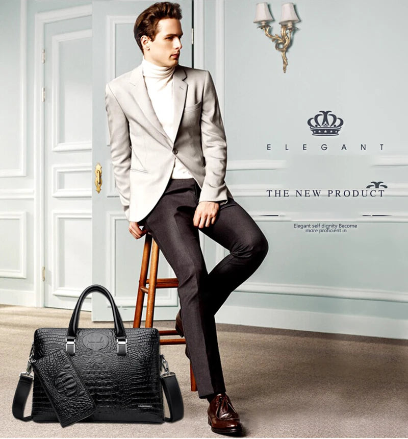 PU Leather Briefcase Bag Man Crocodile Alligator Tote Handbag Laptop 14 Computer Male Shoulder Business Messenger Portable Bag