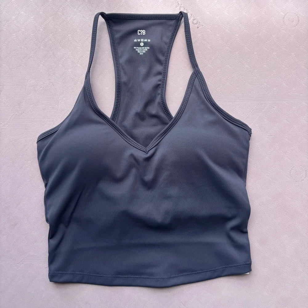 C*B Women V‑Neck Camisole Racerback Tank Top Fold Over Waist Shorts Soft Knit Gym Workout Jogging Daily Lounge Fitness Clothing