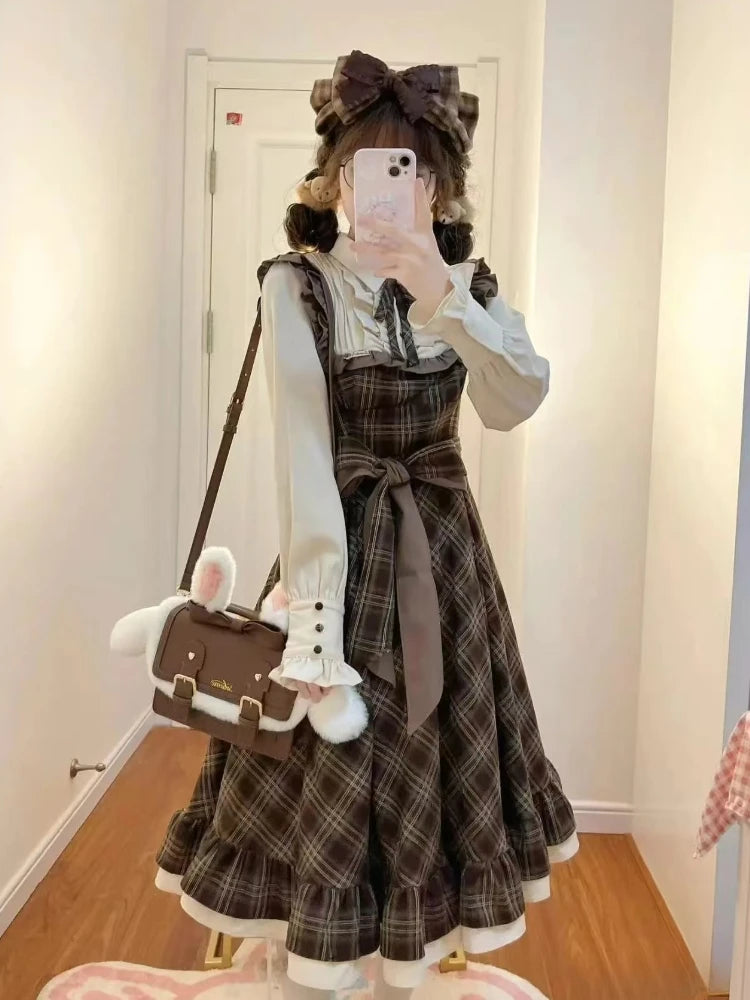 France Elegant Vintage Plaid Dress Women Design Fashion Slim Lace Up Bow Long Sleeve Dresses Female Warm Retro Patchwork Outfits