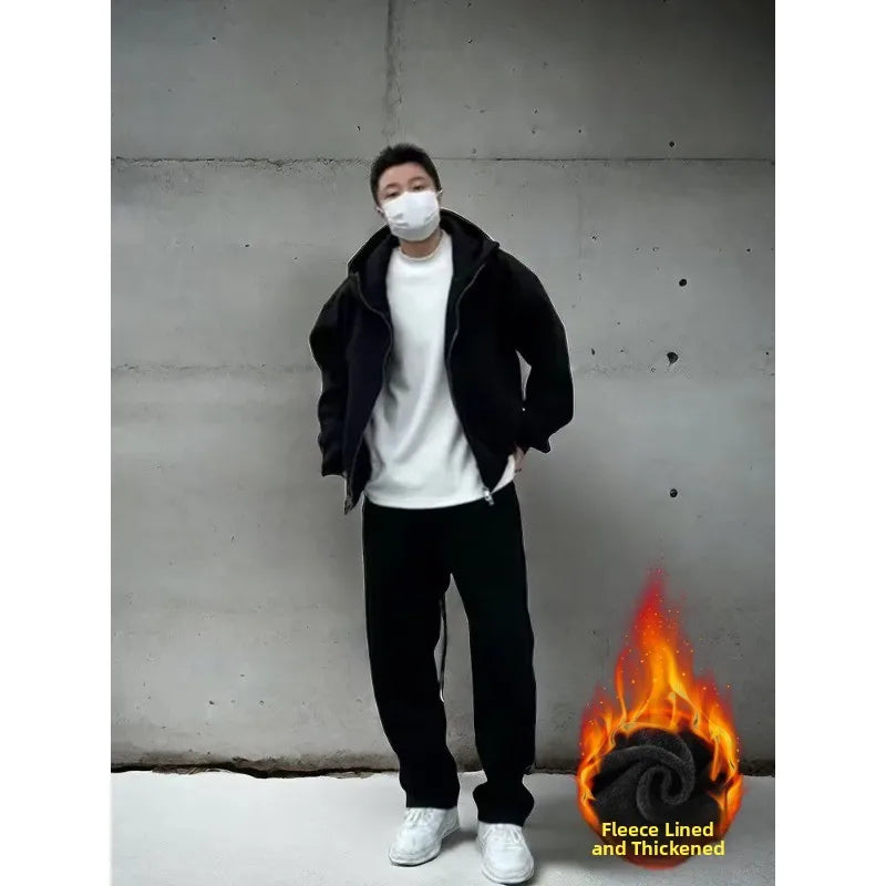 Men's Autumn Winter Hooded Open Cardigan Double Zipper Fleece Long Pants Sport Casual Two-Piece Set Versatile Polyester Fiber