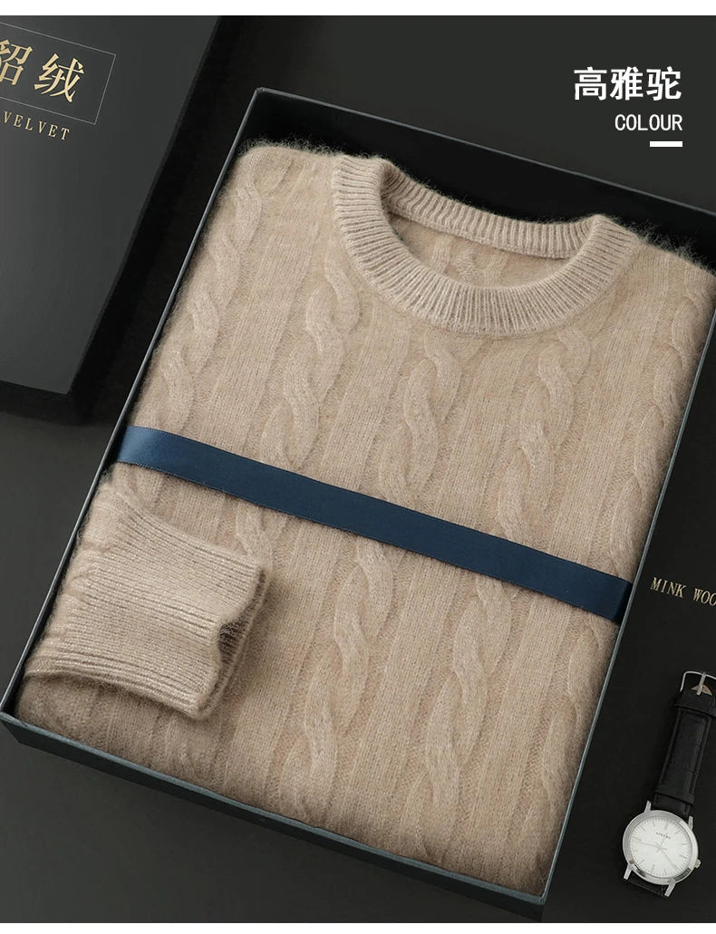 Men's Round Neck Pullover Sweater For Autumn Winter 100% Pure Mink Cashmere Knitted Sweater, Casual Long Sleeved Thick Warm Base