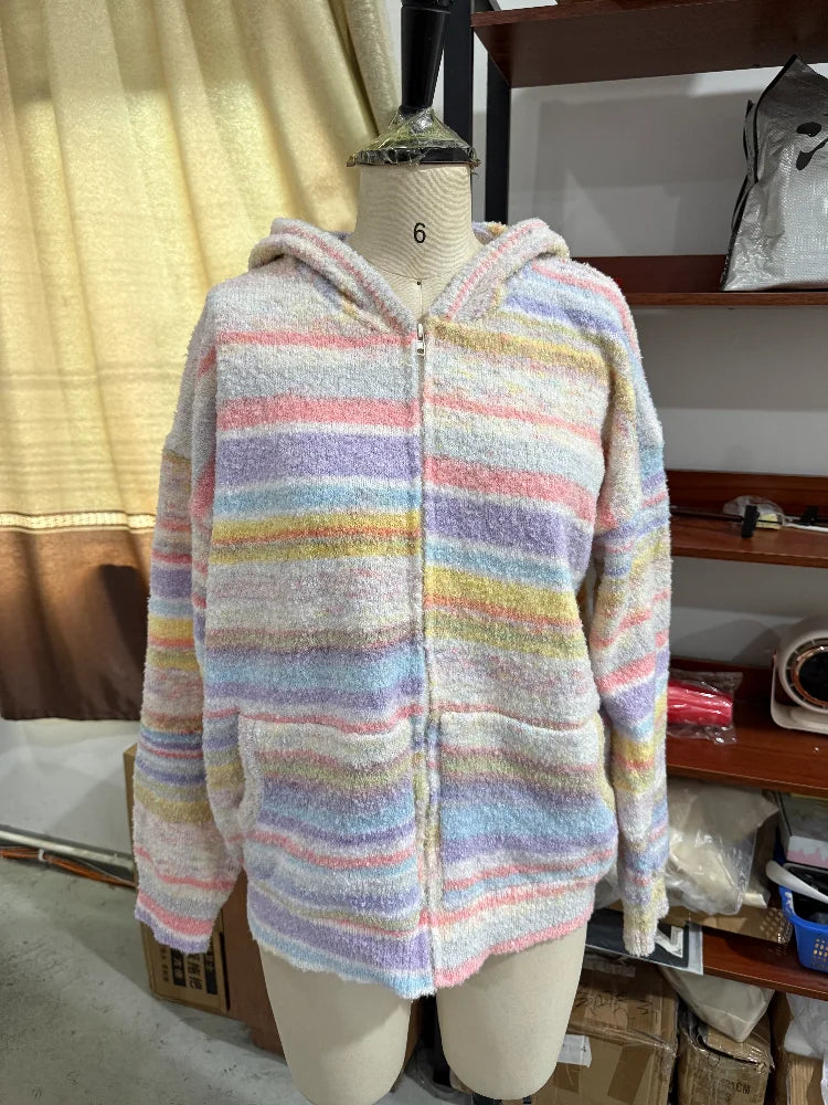 2026 Women Pastel Gradient Striped Hooded Knit Cardigan Loose Open Front Beach Cover-up For Seaside Vacation Leisure Daily Wear