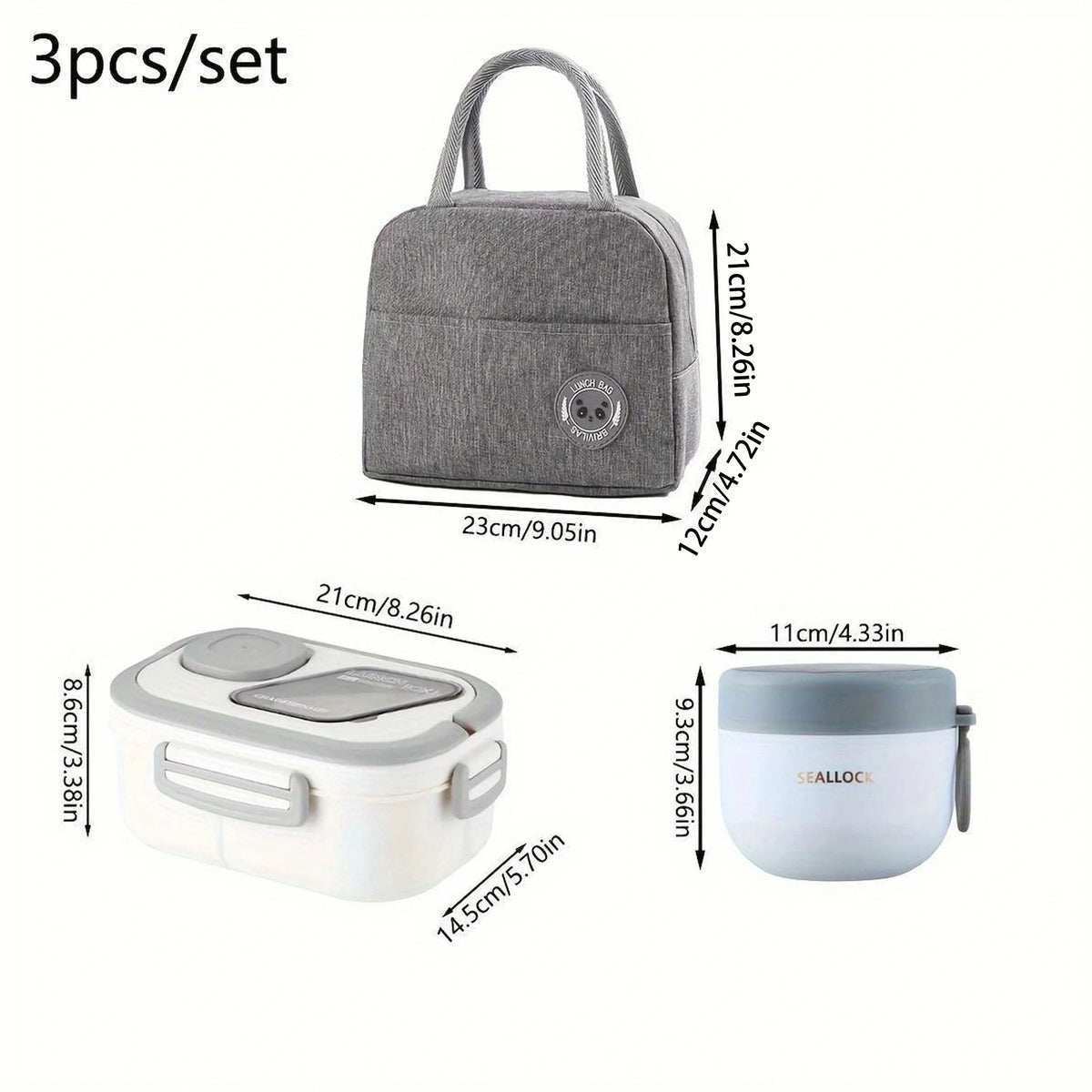 3pcs Lunch Box Set with Large Capacity Insulated Bag Reusable Tableware Meal Snack Food Holder for School Picnic Office Camping