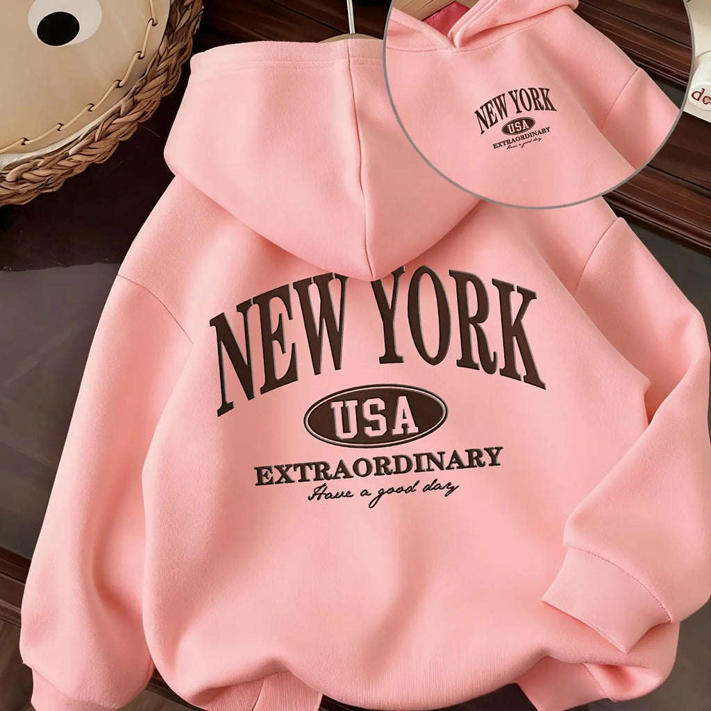 New American-style children's hoodie with New York print and American oval logoPerfect for fall/winter Christmas gifts for kids.