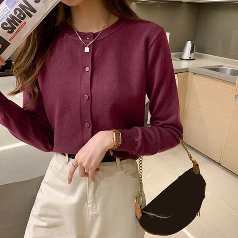 Rimocy Knitted Cardigan Jacket Women 2025 Spring Autumn Round Neck Casual Cardigans Woman Solid Color Slim Korean Jumpers Female