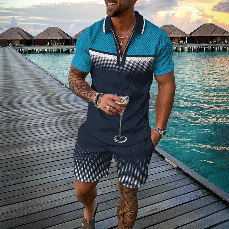 Men Zipper Polo Shirt Suit 2 Pcs Tracksuit Summer 3D Print Beach Boho Geometric Style Holiday Clothing Ensembles De Sport