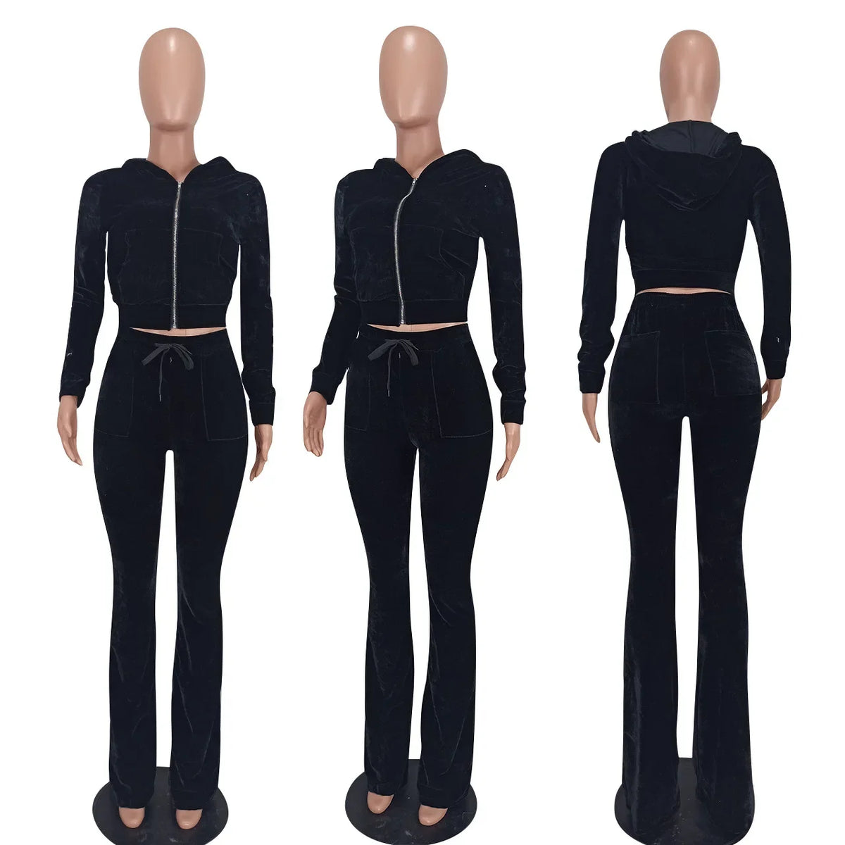 Hot Sale Fall Women's hoodie Set Zipper Pocket Crop Top Jacket Velvet Jogging suit Velour tracksuits Women Two Piece set