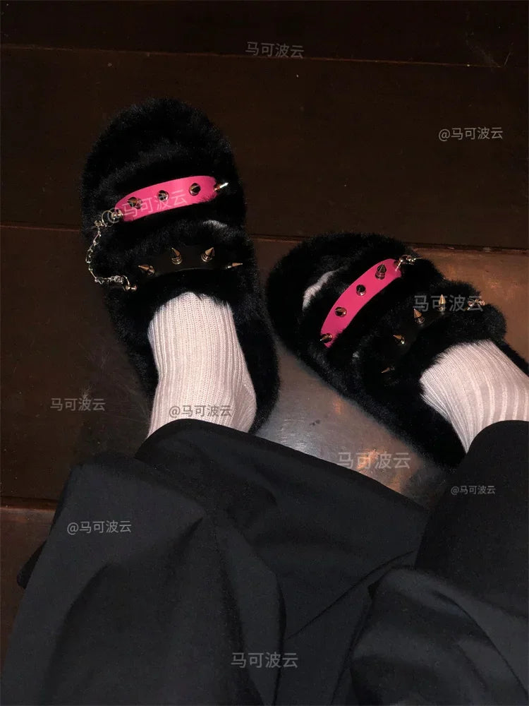 Y2K style winter outdoor shoes for women Faux fur warm slippers Fashion rivet Punk shoes