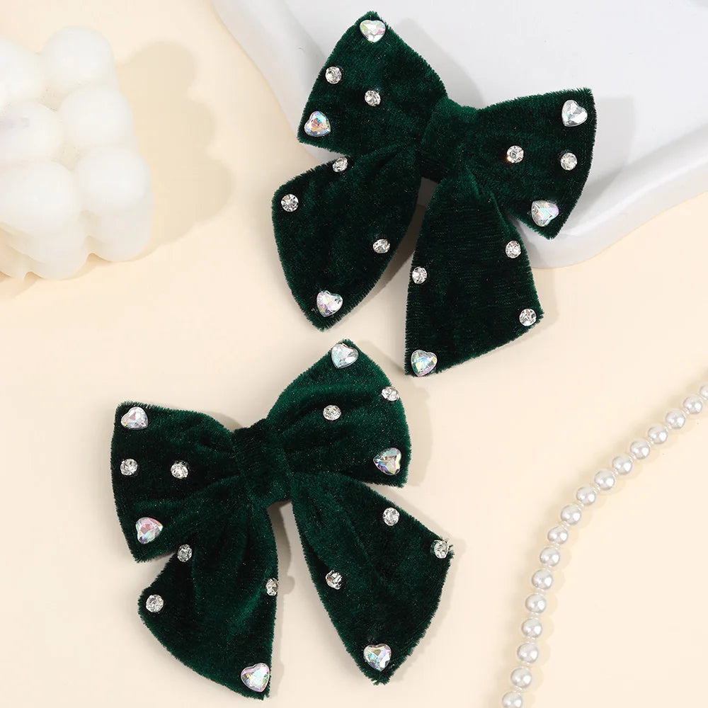 Velvet Bow Hair Clips with Heart Rhinestone Detail, 2-Pack