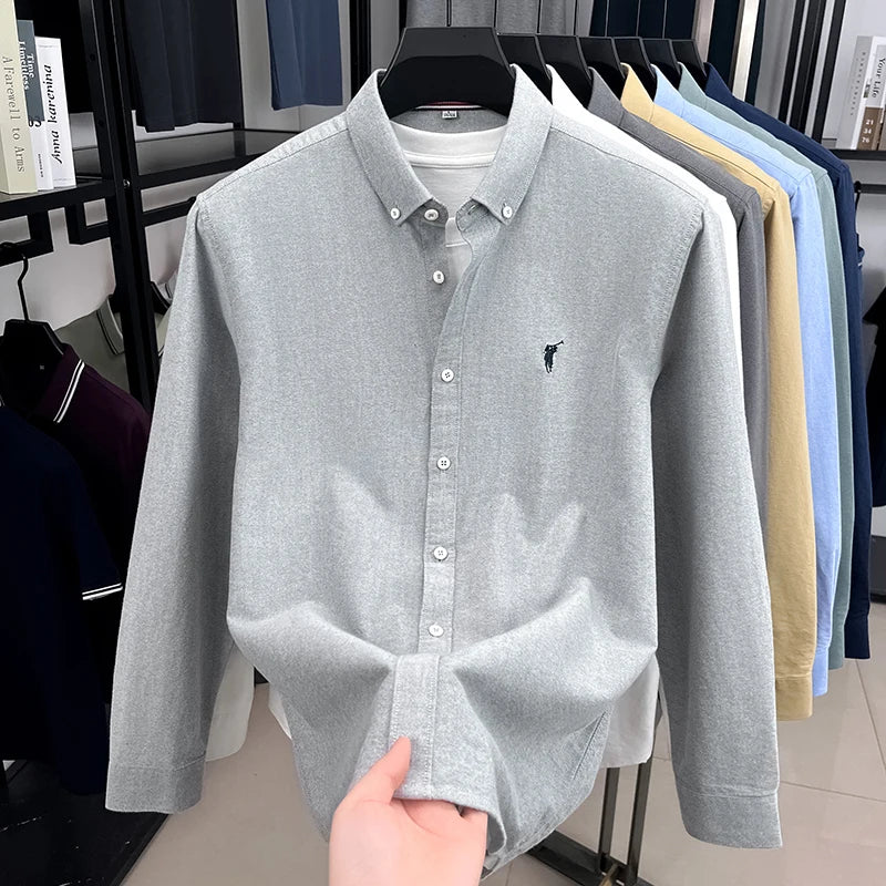 High End 100% Pure Cotton Long Sleeved Men's 2026 Spring Fashion Solid Color Business Casual Small Horse Logo Shirt