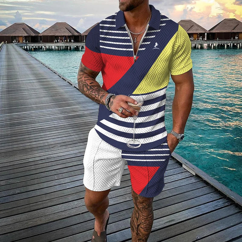 Men Zipper Polo Shirt Suit 2 Pcs Tracksuit Summer 3D Print Beach Boho Geometric Style Holiday Clothing Ensembles De Sport