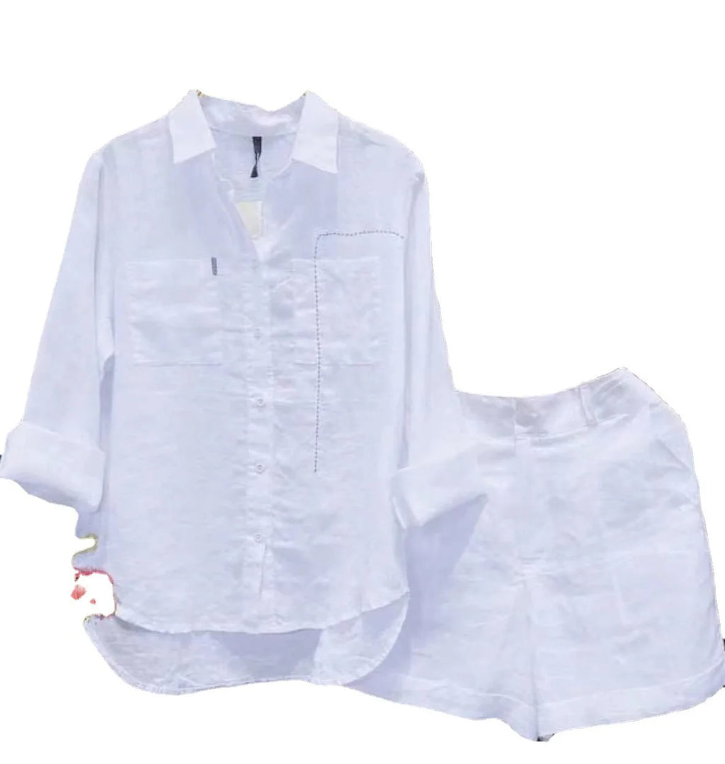 2025 Summer Cotton Linen Casual Shirt Two Piece Set For Women Shorts 2 Piece Sets Outfit Long Sleeve Short Sets Outfits Home