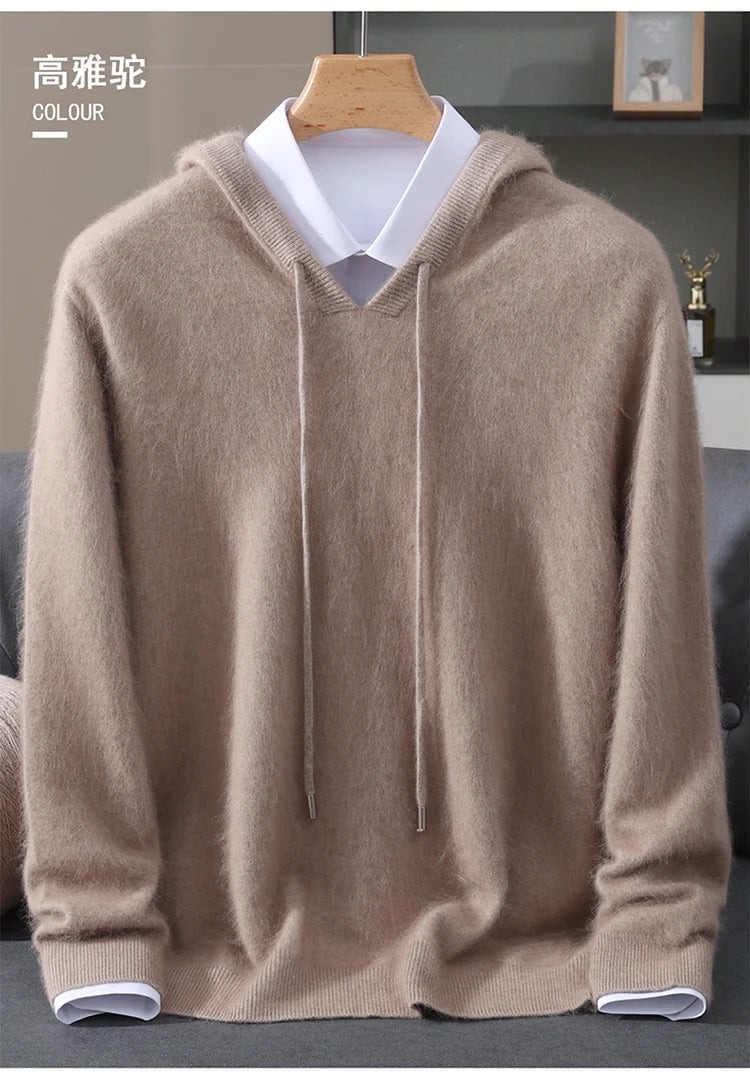 LHZSYY 100% Pure Mink Cashmere Hooded Sweater Men's Hooded Knitted Pullover Business Casual Loose Hoodie Autumn Bottoming Shirt