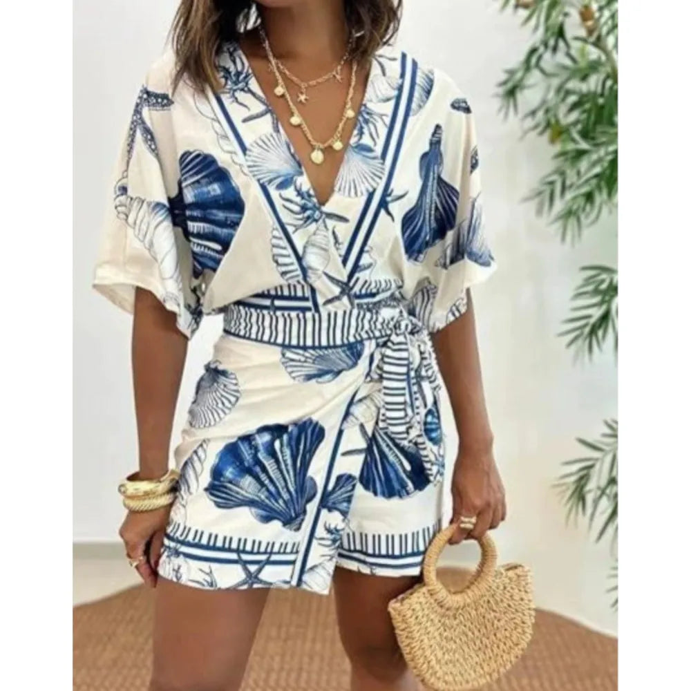 Fashion Printed Short Sleeve Women's V-neck Slim Fit Jumpsuit Summer New Casual Bohemian Female Vacation Lace Up Rompers 2026