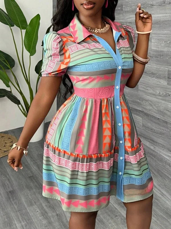 Fashionable Print Ethnic Style Women's Dress Stand Collar 3/4 Sleeve Loose Fit Midi Dress Polyester Cotton Blend Sleeve