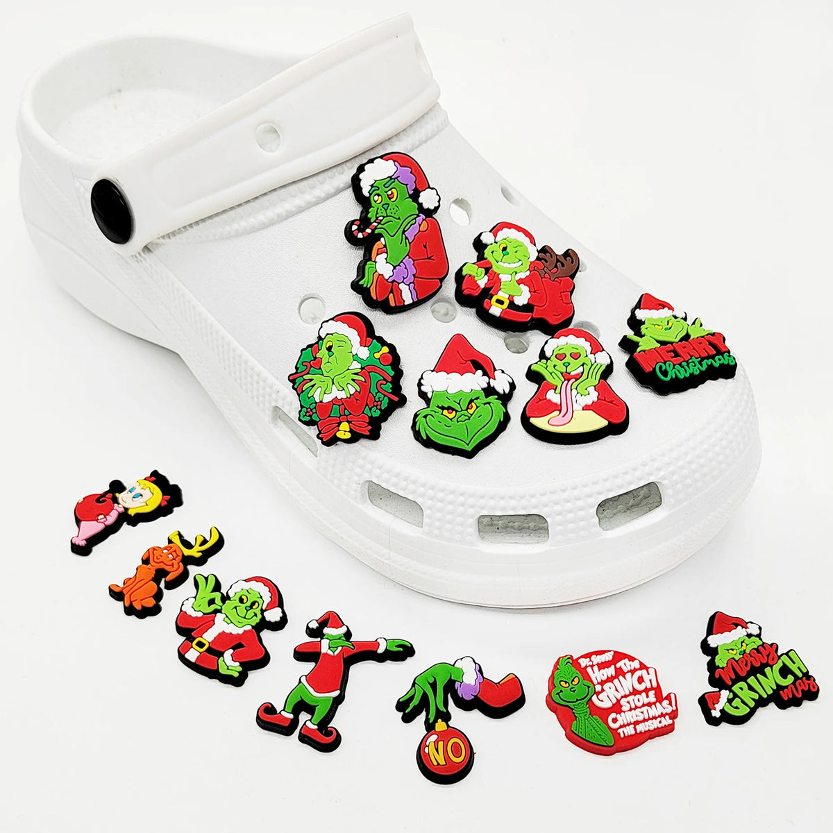 9-22Pcs Christmas Green Cartoon Shoes Charms Cartoon Clog Sandal Garden Shoe Decoration Accessorie Buckles Kids Party Gifts
