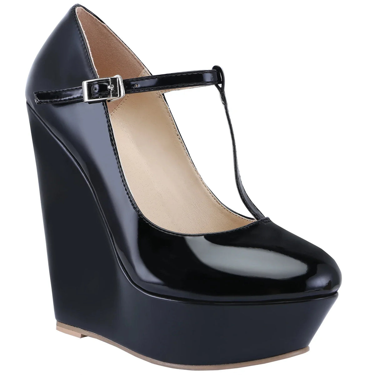 Women Platform Wedge Heels Pumps Autumn Winter 14cm Round Toes T-Strap High Heeled Gladiator Ladies Dress Party Wedding Shoes