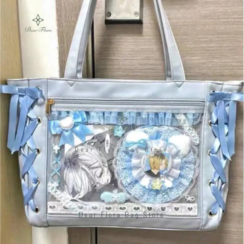 Japanese Sweet Women Ribbon Ita Bag Fashion Large Capacity Tote Bag Aesthetic Shoulder Bag Cute Lolita Girl Transparent Handbags