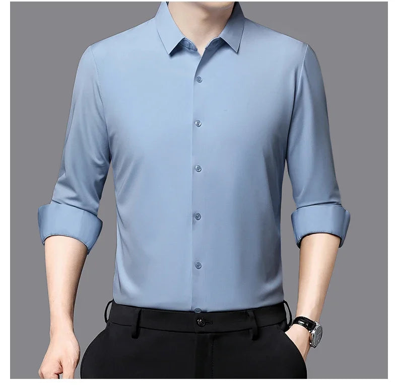 Seamless Anti-wrinkle Business Silky High Elastic Spandex Men's Long-sleeved Shirt Formal Social Non-iron Solid Color Casual
