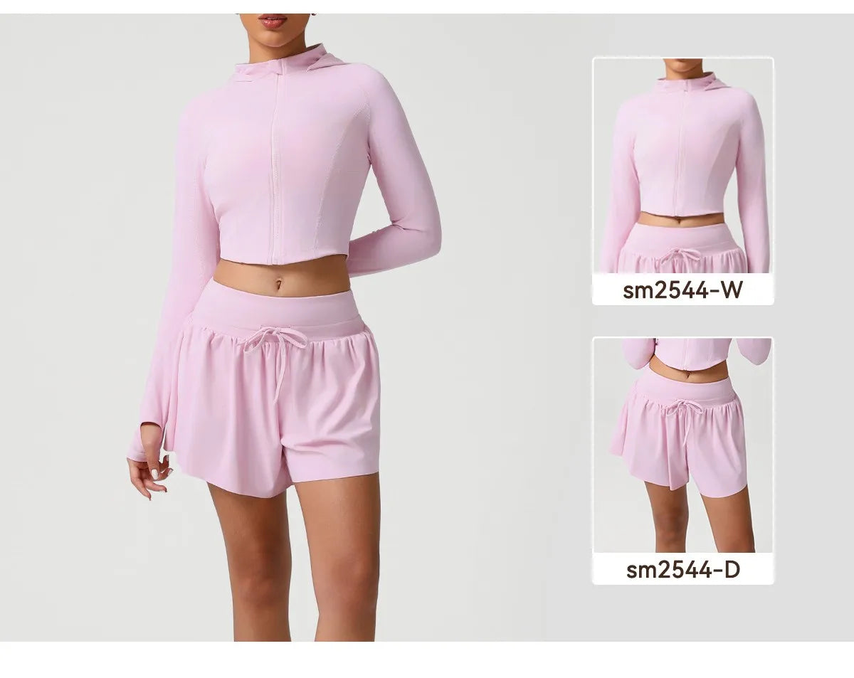 sm2544 Autumn Winter New Running Jacket Set Women's Tight Quick Drying Sports Fitness Jacket & High Waist Shorts 2 Piece Set