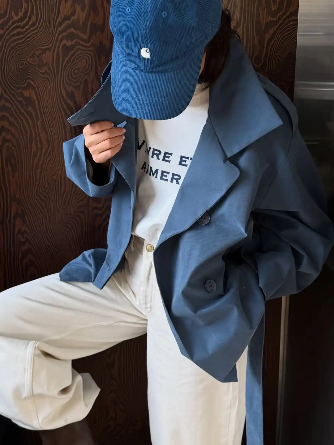 Women Chic Double Breasted Casual Trench Coat Stand Collar Full Sleeve Blue Lace-up Loose Windbreaker 2026 Lady Commute Wear