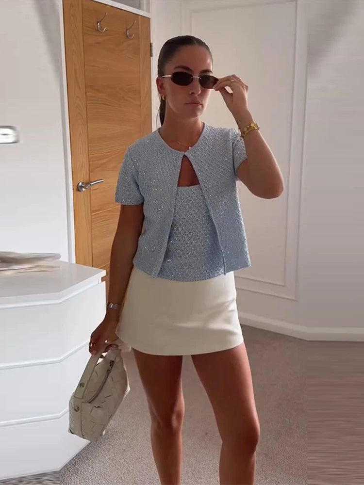 Women's Tank Tops Knitted Sequined Vests Summer Female Square Collar Sleeveless Backless Bodycon Crop Top Chic Lady Knitwear New