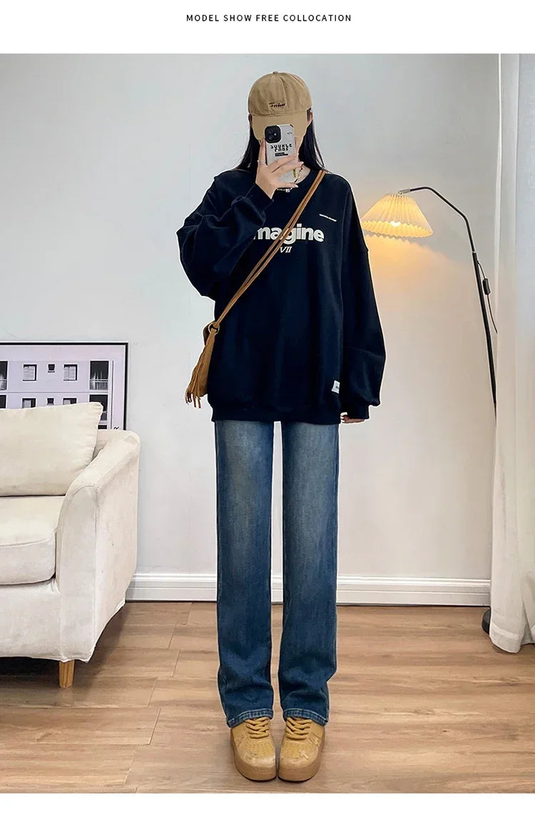 Winter Thickened Women's Mink Velvet Jeans Loose Straight Warm Soft Fleece Fashion Elastic High Waist Female Pants Black Blue
