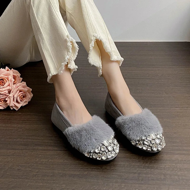 Luxury Glitter Rhinestone Ladies Plush Flat Shoes Female Cozy Crystal Decorate Loafers Winter Warm Walking Driving Shoes Casual